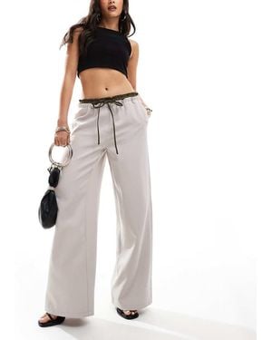 Kaiia Drawstring Contrast Waistband Wide Leg Trousers - White