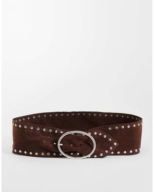 Pieces Faux Suede Wide Studded Belt - Brown