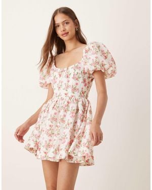 For Love & Lemons Puff Sleeve Milkmaid Mini Dress - Pink