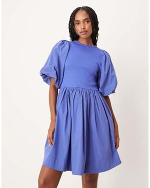 Y.A.S Puff Sleeve Cotton And Jersey Mini Dress - Blue