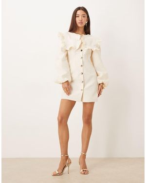 Ghospell Vestido Corto Blanco Con Solapas Extragrandes Y Mangas Globo De - Neutro