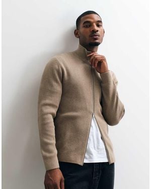 Jack & Jones Premium High Neck Zip Up Cardigan - Natural