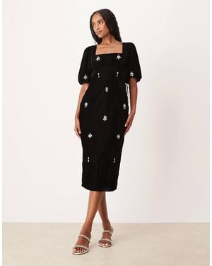 Hope & Ivy Square Neck Embellished Velvet Midi Dress - Black