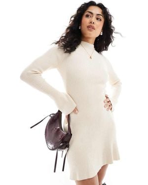 Pimkie Knitted Ribbed High Neck Skater Flare Sleeve Jumper Dress - Natural