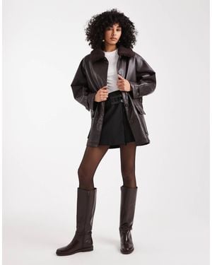 ASOS Leather Look Jacket With Borg Collar And Cinch Waist - Black