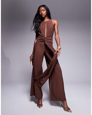 ASOS High Neck Jumpsuit With Tie Detail - Brown