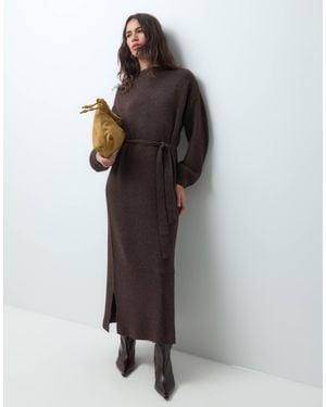 Vila Robe longue en maille épaisse à taille nouée brun chocolat - Gris