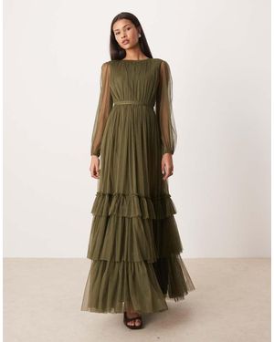 LACE & BEADS Crew Neck Sheer Sleeve Tiered Maxi Dress - Green