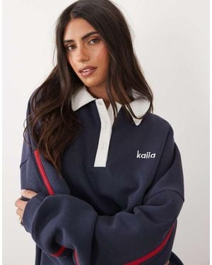 Kaiia Cotton Rich Embroidered Logo Detail Collared Side Stripe Rugby Sweatshirt - Blue