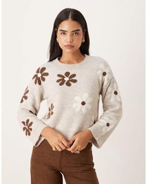 Brave Soul Crew Neck Knitted Sweater With Flower Detail - Natural