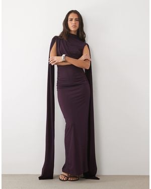 TFNC London Premium Slinky High Neck Drape Detail Cape Sleeve Maxi Dress - Purple