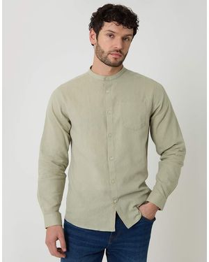 Threadbare Linen Blend Long Sleeve Grandad Collar Shirt - Natural