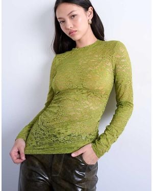 TOPSHOP Top Verde De Manga Larga Con Lateral Fruncido De Encaje De