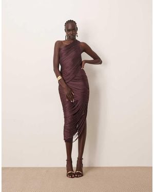 ARRANGE Asymmetric Draped Fringe One Shoulder Midaxi Dress - Pink
