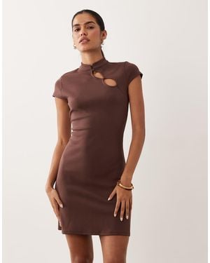 New Look Mandarin Collar Keyhole Mini Dress - Brown