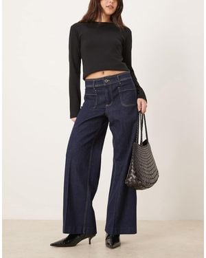 Mango Jessie Cotton Mix Pocket Detail Wide Leg Jean - Blue