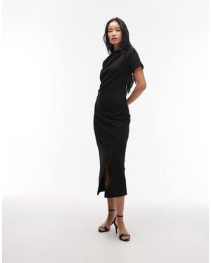 & Other Stories Short Sleeve Drape Twist Midaxi Dress With Front Split - Black