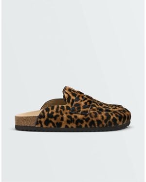 Oysho Animal Print Split-Leather Mules - Brown