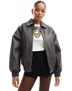 Bershka Faux Leather Boxy Jacket - Grey