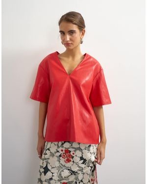 TOPSHOP Faux Leather Deep V Neckline Top - Red