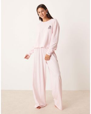 ASOS Long Sleeve Lounge Top And Wide Leg Trouser Pajama Set With Espresso Embroidery Motif - Pink