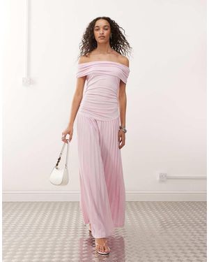 Lioness Field Of Dreams Foldover Bardot Ruched Drop Waist Pleated Maxi Dress - Pink