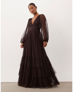 LACE & BEADS Lace & Beads Bridesmaid Tulle Sheer Sleeve Plunge Neck Tiered Maxi Dress - Brown