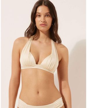 Calzedonia Shiny Satin Padded Triangle Bikini Top - Natural