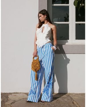 Y.A.S Wide Leg Resort Pant With Premium Floral Embroidered Detail - Black