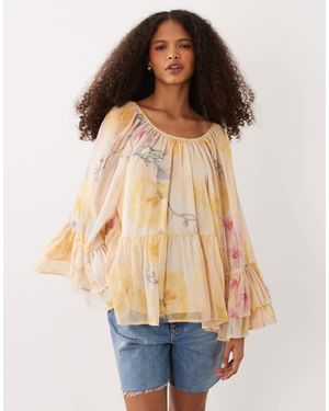 Y.A.S – vorn gebundene boho-bluse mit pastellfarbenem blumenmuster - Blau