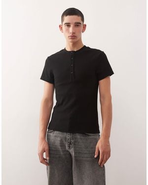 Collusion Ribbed Muscle Short Sleeve Henley T-shirt Top - Black