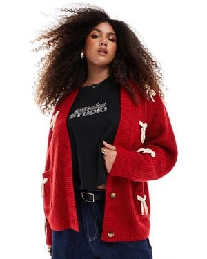 Renee Studio Plus X Michelle Nayla Exclusive Fluffy Bow Pocket Detail Knit Cardigan - Red