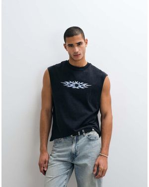 Weekday T-Shirt Oversize Senza Maniche Nera Con Grafica Di Fiamme - Blu