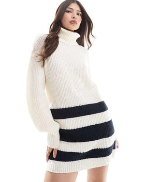 Wednesday's Girl Funnel Neck Stripe Hem Mini Knit Dress - White