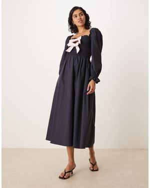 Glamorous Puff Sleeve Midi Dress With Bow Tie Front - Blue
