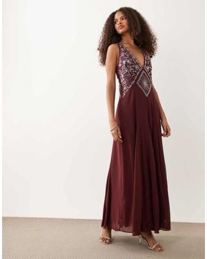 Abercrombie & Fitch Plunge Neck Maxi Dress With Cross Back Detail - Red