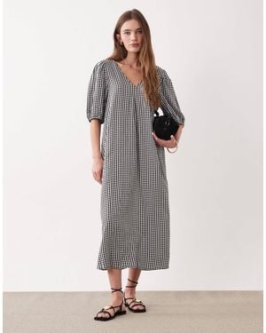 Jdy V Neck Puff Sleeve Midi Dress - Gray