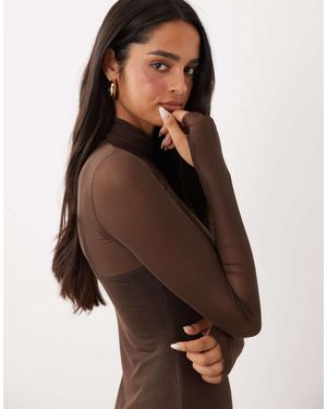 AFRM Vestido Midi Con Forro Tipo Camisola, Cuello Alto De Malla Y Manga Larga En-Marrón