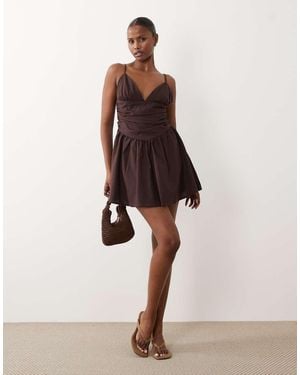 The Frolic Exclusive Cotton Ruched Waist Full Skirt Cami Mini Dress - Brown