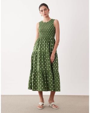 Nobody's Child Charlie Cotton Shirred Bodice Tiered Skirt Midi Dress - Green