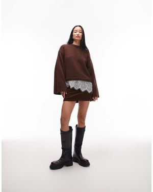 ASOS Knitted Fluffy Wide Sleeve Jumper With Lace Hem - Brown