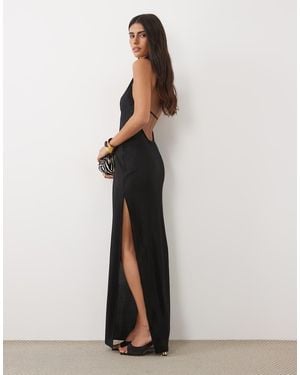 ASOS Plisse Halter Neck Drape Maxi Dress With Corsage Trims - Natural