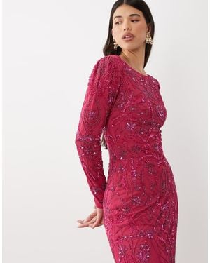 Beauut Fully Embellished Beaded Mesh Overlay Slash Neck Maxi Dress - Red