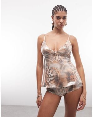 AFRM Tena Sequin Mesh Peplum Cami Top Co-ord - Pink