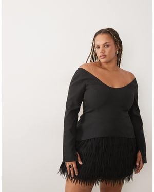 ASOS Curve Structured Long Sleeve Mini Dress With Faux Feather Skirt - Black