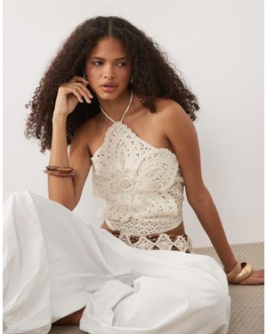 Mango Knitted Halterneck Top With Statement Flower - Brown