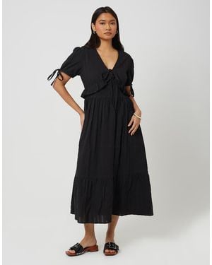 Brave Soul Puff Sleeve Maxi Dress With Tie And Ruffle Details - Black