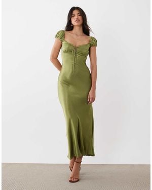 Bardot Stasia Satin Puff Sleeve Lace Trim Tie Front Detail Maxi Dress - Green