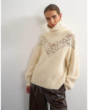 TOPSHOP Knitted High Neck Ribbed Sweater Lace Detail - Natural