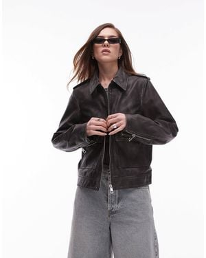 TOPSHOP Premium Real Leather Zip Through Jacket - Black